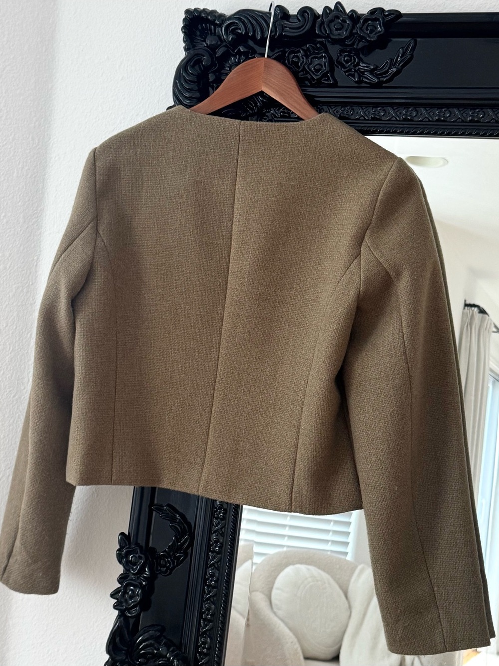Zara | Women’s Taupe Wool-Blend Textured Collarless Blazer Jacket - Picture 3 of 5